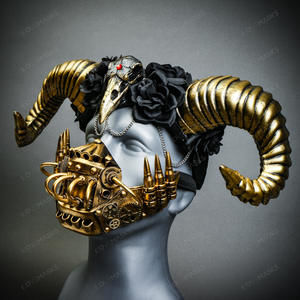 Gold Raven Ram Horn Headband with Steampunk Mouth Mask Hallween Party Costume